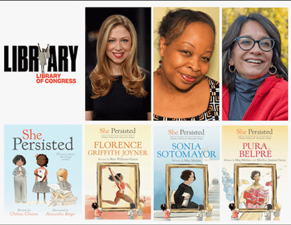 Portraits of authors Chelsea Clinton, Rita Williams-Garcia and Meg Medina, along with their book covers.