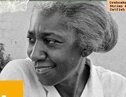 Event poster made up of a collage of images featuring a black and white photo of Edna Lewis taped on top of a map of Central Virginia.