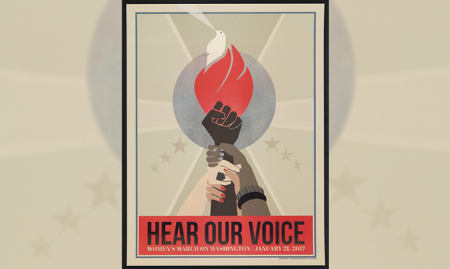 Poster for Hear Our Voice, with a graphic of multiple hands grasping one another forming a torch with a flame on top and a white bird sitting above.